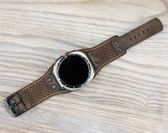 Samsung Galaxy Ultra 47mm Brown Distressed Leather Cuff Band, Unique Perforated Design / Wide Leather Band / Personalization Available