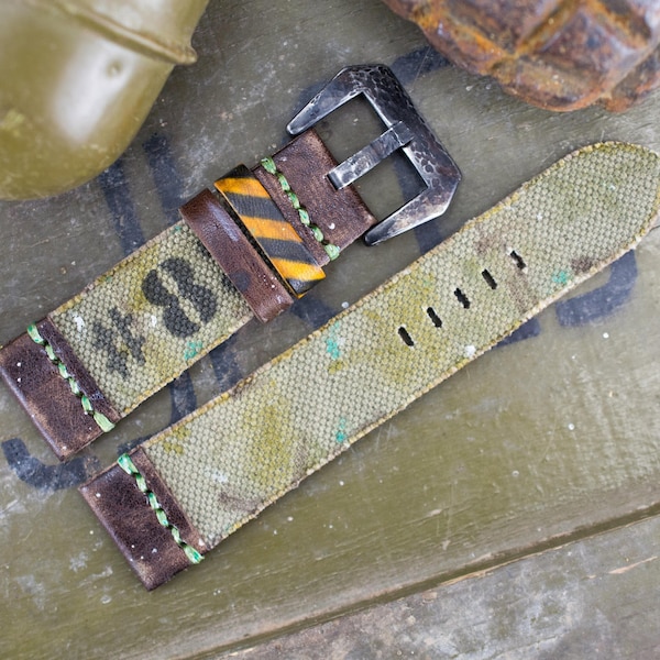 Army Green Canvas/Leather Strap 20/22/24/26mm / Handmade Vintage Style / Military Canvas Leather Watch Strap / Unique Aged Design