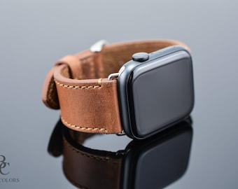 Customized Apple Leather Watch Strap Cognac Brown Strap 42mm 38mm 40mm 44mm Series 3 4 5 6 7 8, Ultra, SE / Handmade iWatch Band  SALE