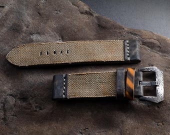 Army Green Canvas/Leather Strap 20/22/24/26mm / Handmade Vintage Style / Military Canvas Leather Watch Strap / Aged Design