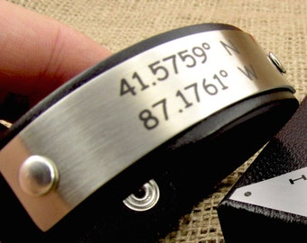 Custom Coordinates Men&#39;s Bracelet, Personalized Leather Cuff Bracelet, Latitude Longitude, GPS Coordinates, Anniversary Gifts for Men, SALE