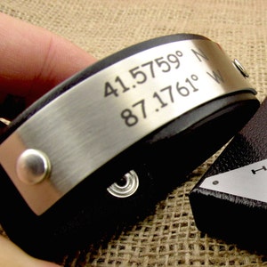Custom Coordinates Men&#39;s Bracelet, Personalized Leather Cuff Bracelet, Latitude Longitude, GPS Coordinates, Anniversary Gifts for Men, SALE