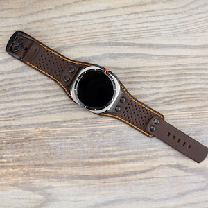 Brown Leather Cuff Band for Samsung Galaxy Ultra 47mm, Unique Perforated Design/ Wide Leather Band / Personalization Available / Unisex Band