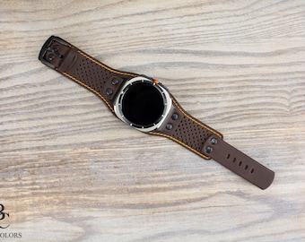 Brown Leather Cuff Band for Samsung Galaxy Ultra 47mm, Unique Perforated Design/ Wide Leather Band / Personalization Available / Unisex Band