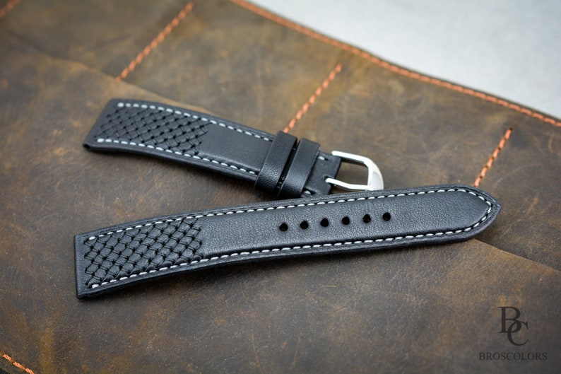 Black Leather Watch Strap Cross Stitched Watch Band Luxury Etsy