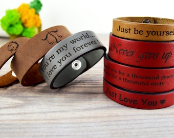 Customized Bracelet, Personalized Bracelet, Leather Bracelet, Custom Cuff Bracelet engraved, Gift for Him, Gift for Her, Red, Grey, Brown