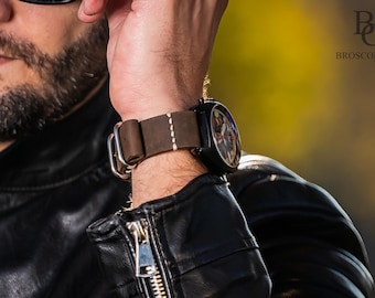 Dark Brown Long Leather Watch Strap, Military Style Straps, 18mm, 20mm, 22mm 24mm Strap, Crazy Horse / FREE PERSONALIZATION