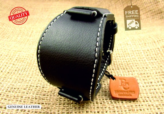 Black Leather Watch Strap Wide Watch Cuff Personalized Watch