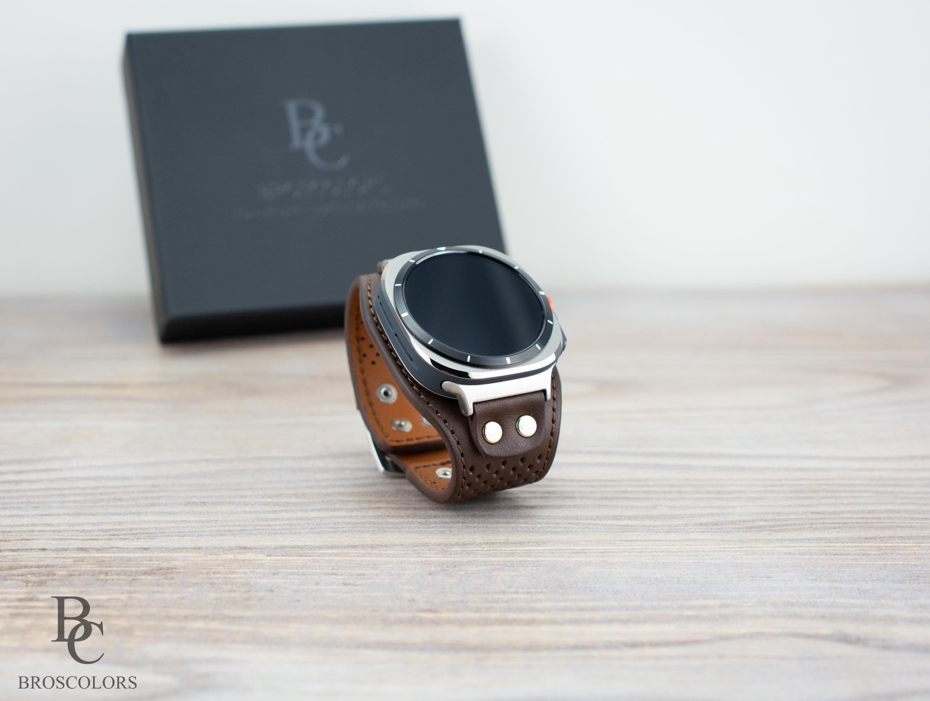 Brown Leather Cuff Band for Samsung Galaxy Ultra 47mm, Unique Perforated Design/ Wide Leather Band / Personalization Available / Unisex Band