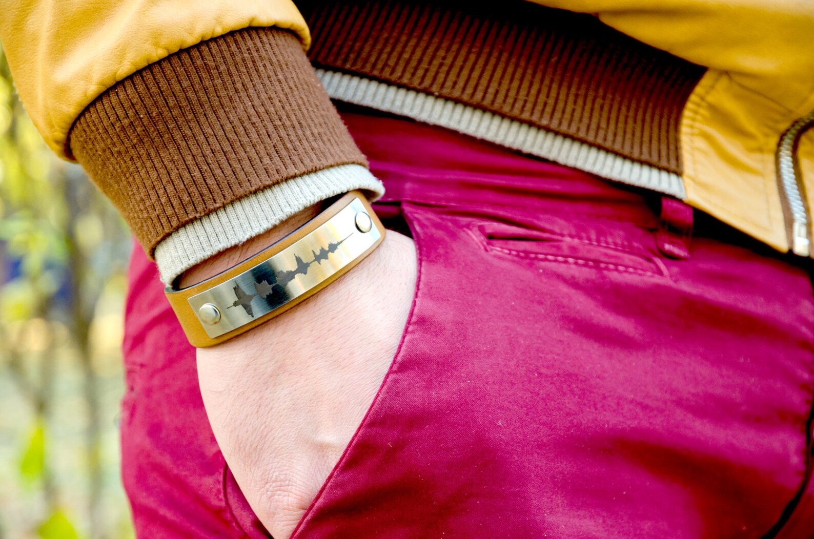 Sound Wave bracelet, Music Soundwave, Brown Leather Steel Cuff, Men Anniversary Gift, Engraved Cuff, Music Gift, Custom Sound Wave Bangle