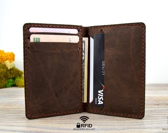 Minimalist Leather Wallet, Bifold Wallet, Personalized Leather Wallet, Distressed Leather Slim Bifold Wallet Leather Cardholder, Crazy Horse