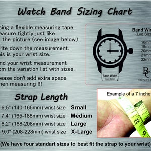 May include: A watch band sizing chart with instructions on how to measure your wrist and a diagram of a watch with the band width measurement labeled. The chart also includes a table of wrist sizes and corresponding strap lengths in inches and millimeters. The chart also includes a photo of a person's wrist being measured with a tape measure.