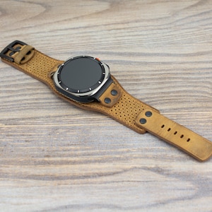 Light Brown Leather Cuff Band for Samsung Galaxy Ultra 47mm, Unique Perforated Design/ Wide Leather Band / Personalization Available