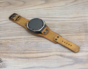 Light Brown Leather Cuff Band for Samsung Galaxy Ultra 47mm, Unique Perforated Design/ Wide Leather Band / Personalization Available