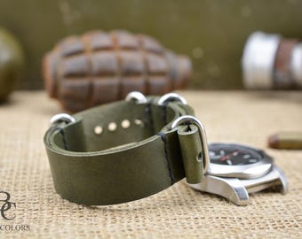 Green Military Leather Watch Strap, Long Style Straps, 18mm, 20mm, 22mm 24mm Strap, FREE PERSONALIZATION, Handmade SALE
