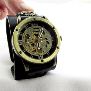Steampunk watch, Skeleton Watch, Automatic Watch, Wide leather cuff watch, Men watch, Black wrist watch, Men&#39;s Gift, Bracelet Handmade watch