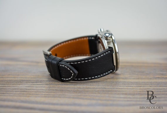 Black Leather Watch Strap, Hand Stitched Leather Mens Watch Band, Solid Watch Strap, White Stitching, FREE SHIPPING & CUSTOMIZATION  Sale