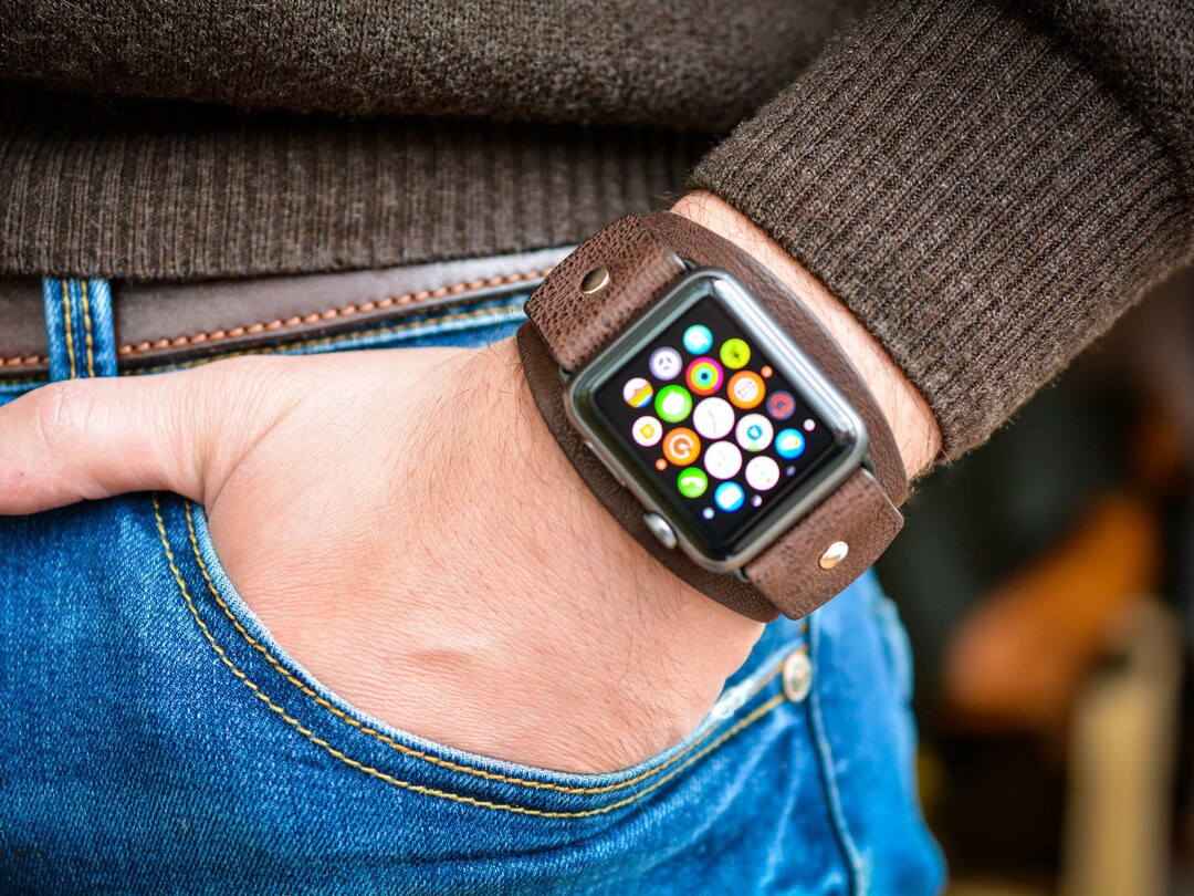 Apple Brown Leather Watch Band, Leather Watch Cuff, 41mm 40mm 45mm 44mm