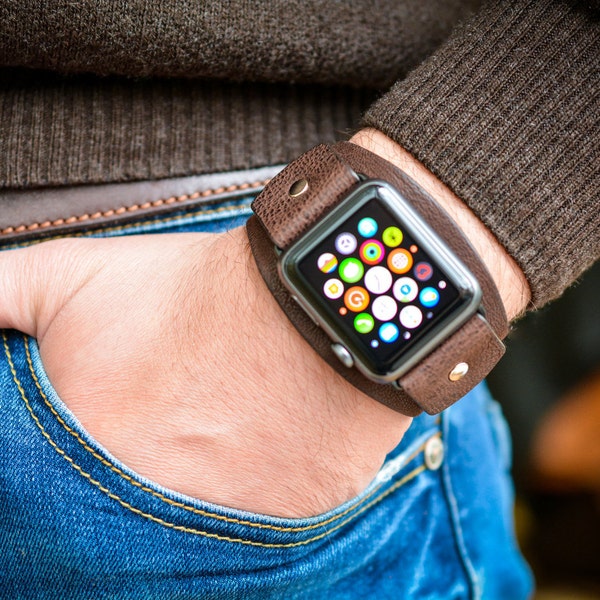 Apple Brown Leather Cuff Watch Band, Leather Watch Cuff, 40mm 41mm 42mm 44mm 45mm 46mm 49mm / Series Ultra/Ultra2,3 / SE, 11, 10, 9, 8, 7