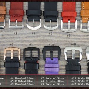 May include: Nine different types of watch buckles, numbered 1 through 9, with descriptions of each buckle type. The buckles are made of polished silver, brushed silver, black matte, gold, and rose gold.