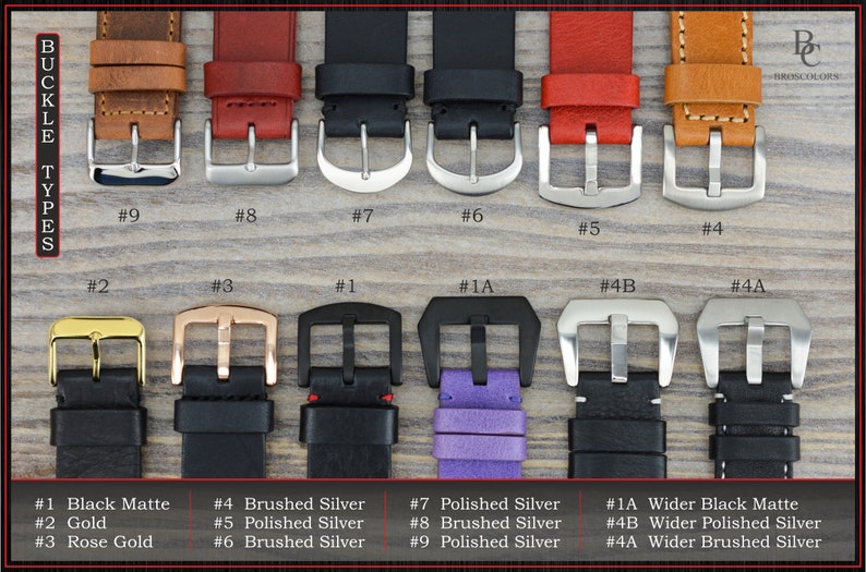 May include: Nine different types of watch buckles, numbered 1 through 9, with descriptions of each buckle type. The buckles are made of polished silver, brushed silver, black matte, gold, and rose gold.