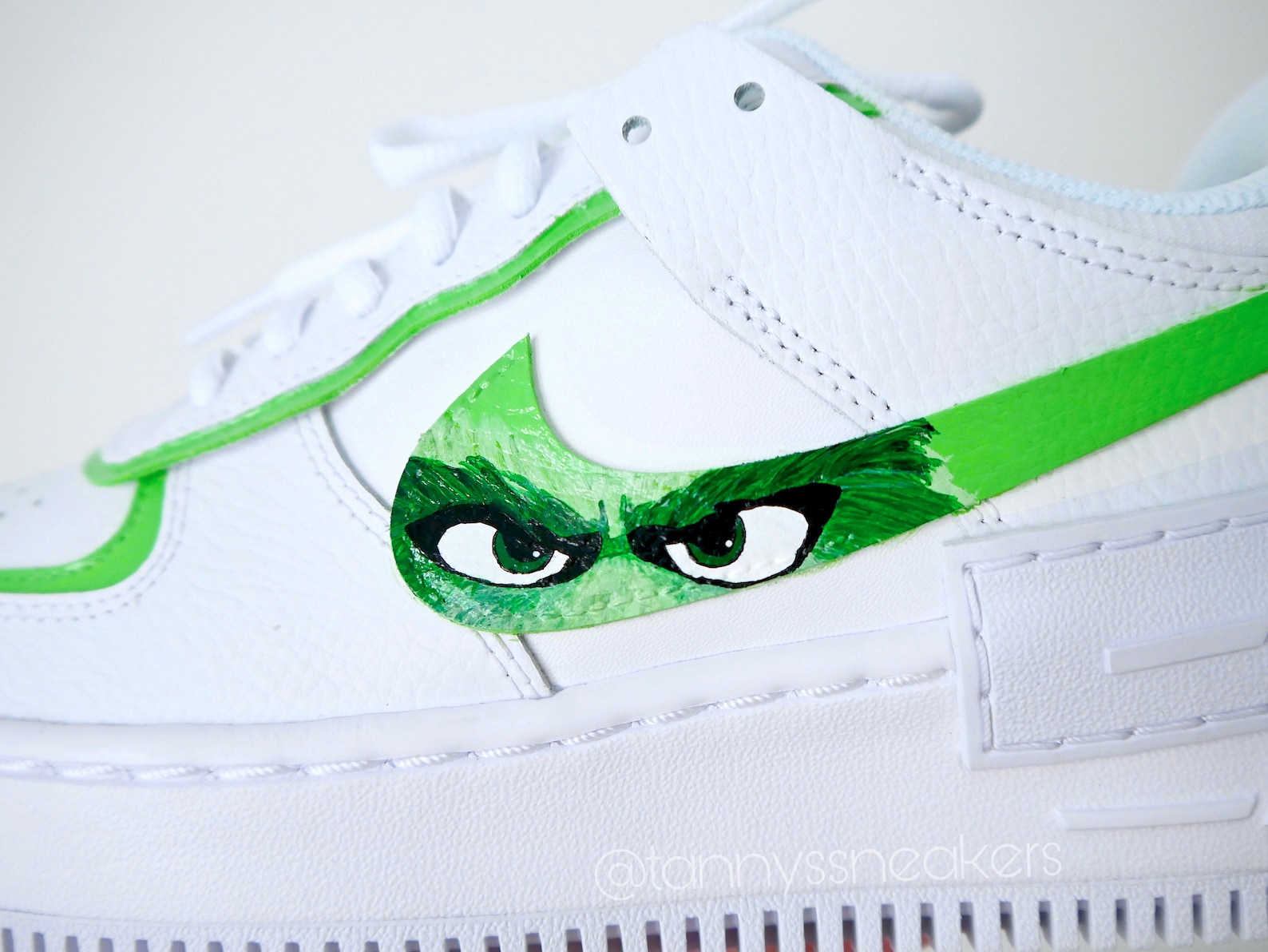 Custom Nike Air Force 1 Shadow grinch With Grinch Swoosh and Colored