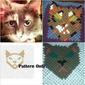 May include: A collage of four images featuring crocheted cat designs. The top left image shows a close-up of a gray cat's face. The top right image shows a crocheted cat face in shades of brown, orange, white, and black. The bottom left image shows a pixelated pattern of a cat face. The bottom right image shows a crocheted cat face in shades of brown, green, and white.