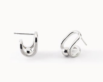 Architectural earrings in sterling silver, minimalist studs with silver pearl