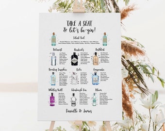 Gin bottle wedding seating plan - gin table plan - perfect for a gin themed wedding