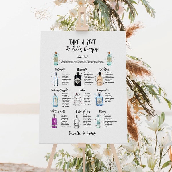 Gin bottle wedding seating plan - gin table plan - perfect for a gin themed wedding