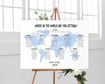 World map table plan, seating chart, travel themed wedding
