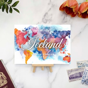 Tarjetas de nombre de mesa de boda editables / Plantilla de tarjeta de nombre de mesa de país/ciudad / Mapa mundial de acuarela / Boda temática de viajes - Diseño en Canva