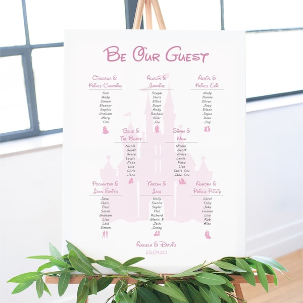 Disney theme wedding table plan, seating chart - Disney character couples