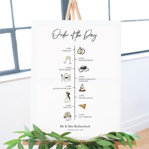 Ordine di matrimonio del giorno/ordine di servizio personalizzato - segno di matrimonio, sequenza temporale degli eventi, icone illustrate