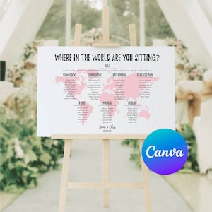 Editable Wedding Seating Chart - &#39;Where in the World Are You Sitting?&#39; Table Plan Template -  Travel Themed Wedding - Design on Canva