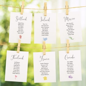 Tarjetas de plan de mesa de boda temáticas de viaje: boda de destino, tabla de asientos
