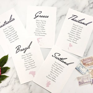 Tarjetas de plan de mesa de boda temáticas de viaje: boda de destino, tabla de asientos