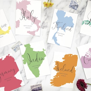 Travel theme wedding table names - destination table cards - cropped country outline