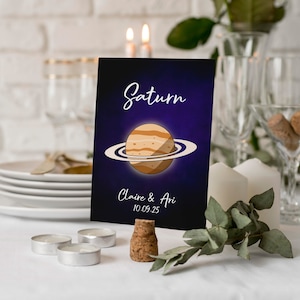 Tarjetas de nombre de mesa de boda con tema espacial/nombres de mesa de planetas/papelería de boda con tema del espacio exterior/números de mesa de boda