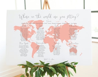 Travel theme wedding table plan, seating chart | World Map Table Plan