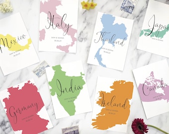 Travel theme wedding table names - destination table cards - cropped country outline