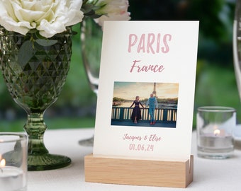 Travel theme table name cards for destination wedding featuring your favourite photos