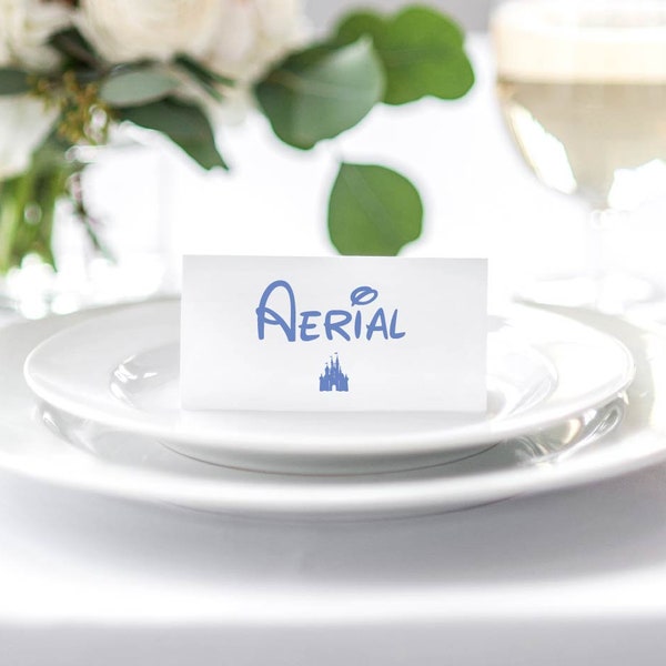 Disney themed wedding place cards with magic kingdom castle