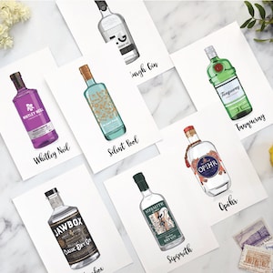 Gin bottle wedding table names, gin themed seating plans, gin table numbers, personalised wedding theme ideas, alcohol bottles image 10