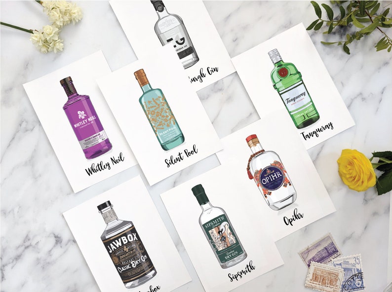 Gin bottle wedding table names, gin themed seating plans, gin table numbers, personalised wedding theme ideas, alcohol bottles image 10