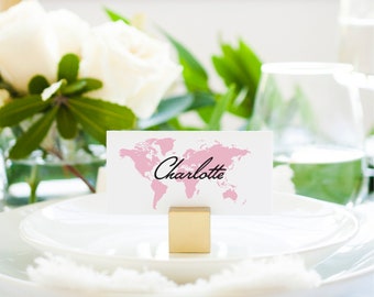 Travel themed wedding place cards with world map - name cards, escort cards, place settings,