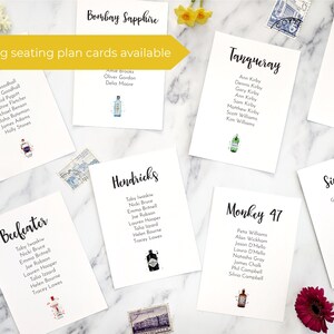 Gin bottle wedding table names, gin themed seating plans, gin table numbers, personalised wedding theme ideas, alcohol bottles image 9