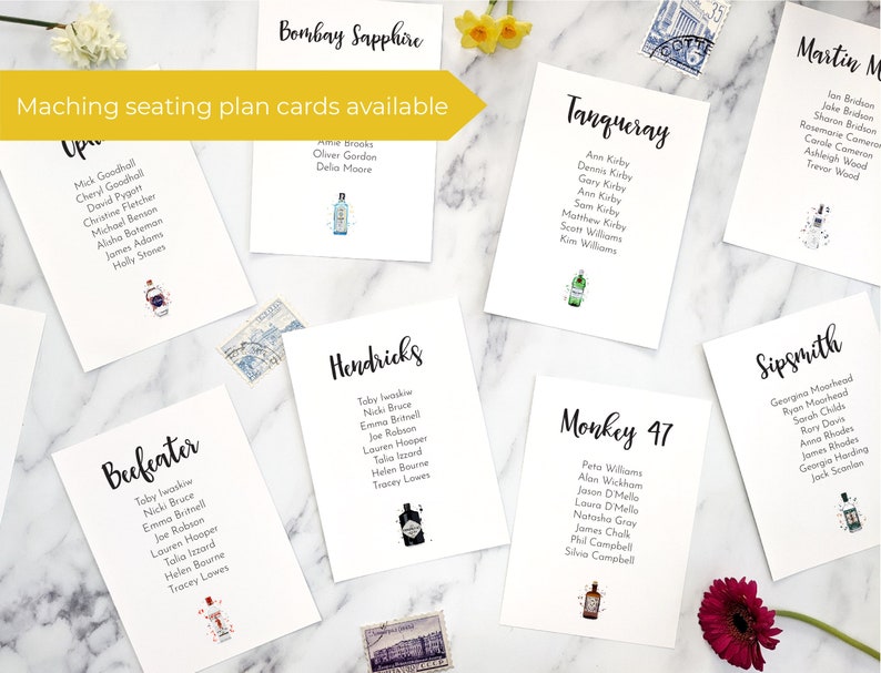 Gin bottle wedding table names, gin themed seating plans, gin table numbers, personalised wedding theme ideas, alcohol bottles image 9