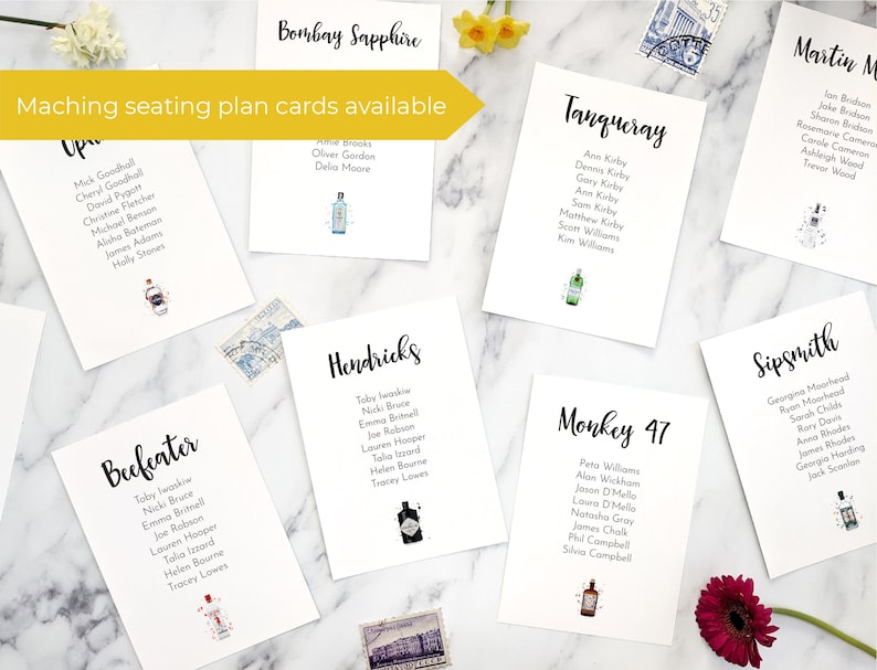 Gin bottle table name cards are available