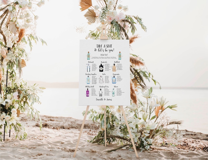 Gin table plan/gin wedding seating plan. Seating chart showing your favourite gin bottles.